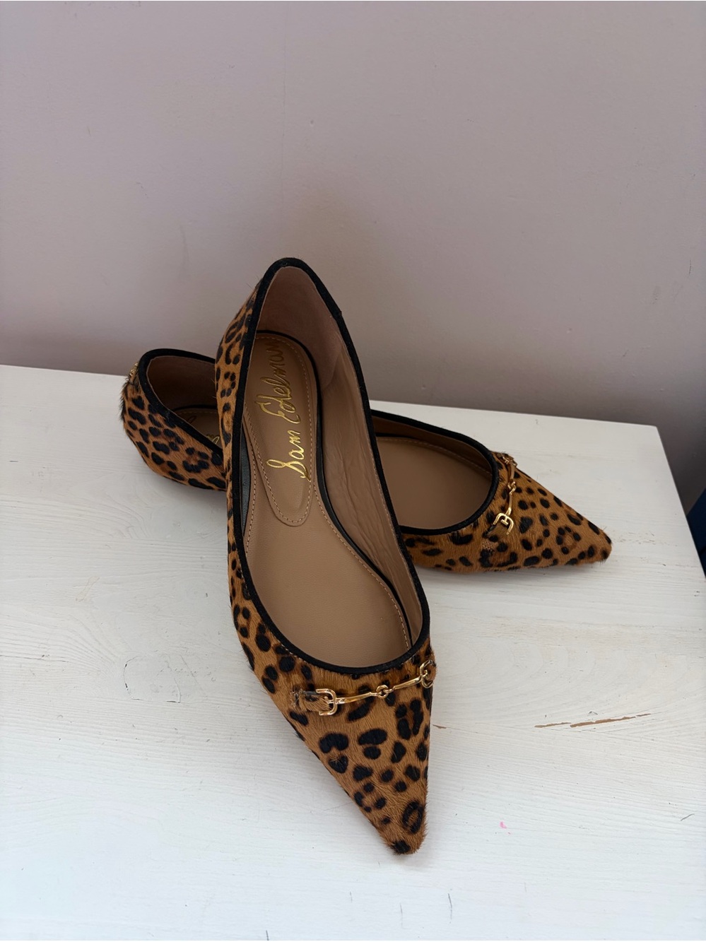 Sam Edelman Leopard-Print Pointed Toe Flats with Gold Chain